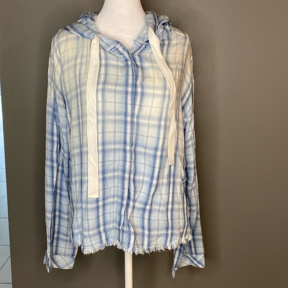 NWOT! Anthropologie Bella Dahl Blue Plaid Soft Button Down Hoodie - Size L